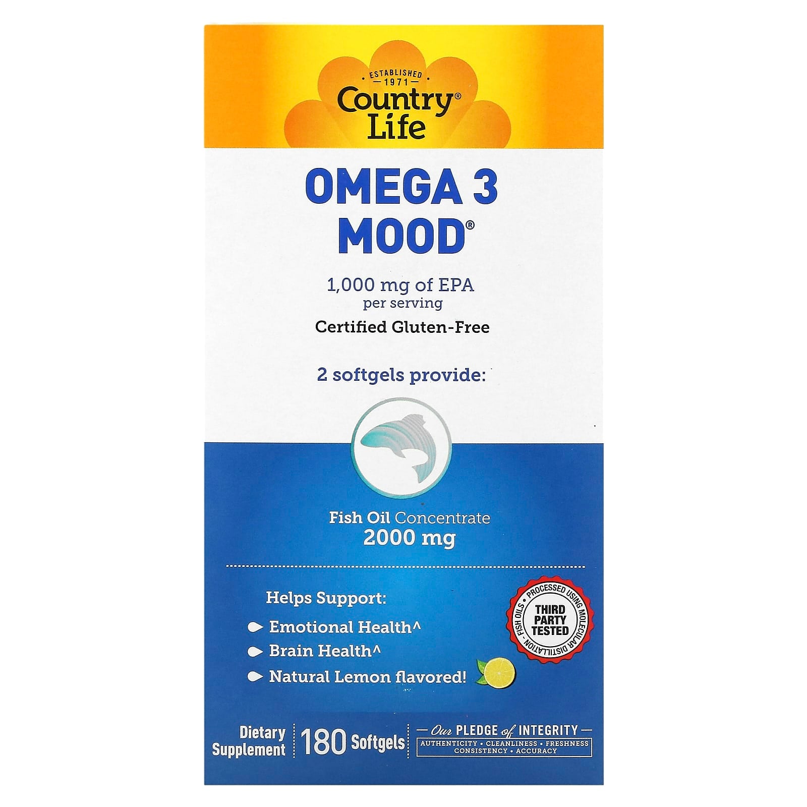 Country Life-Omega 3 Mood-Natural Lemon-180 Softgels