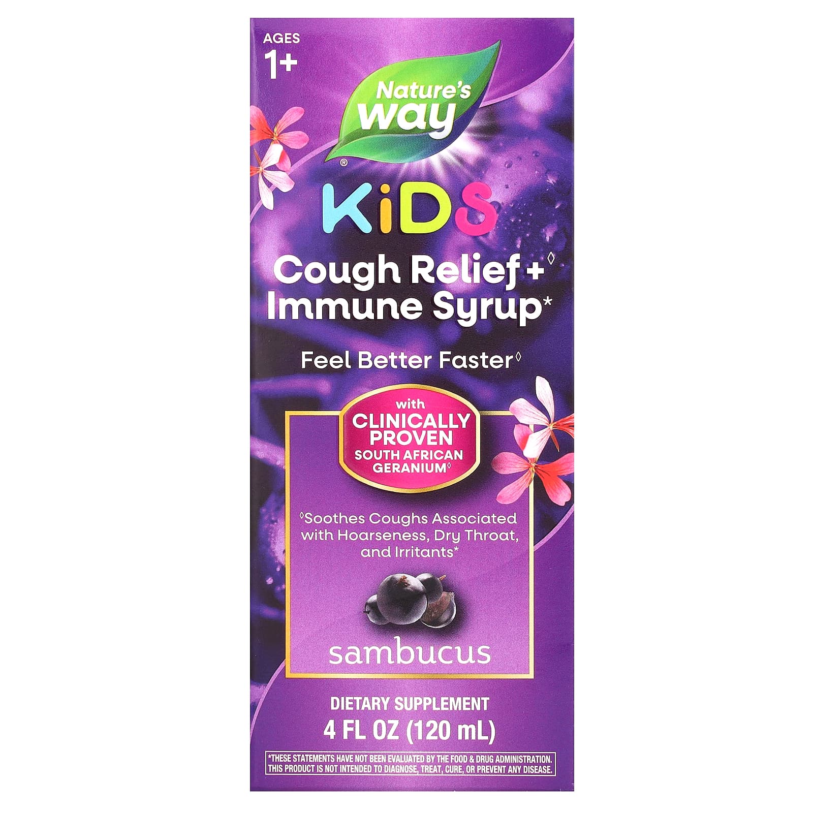 Nature's Way-Kids-Cough Relief + Immune Syrup-Ages 1+-Sambucus-4 fl oz (120 ml)