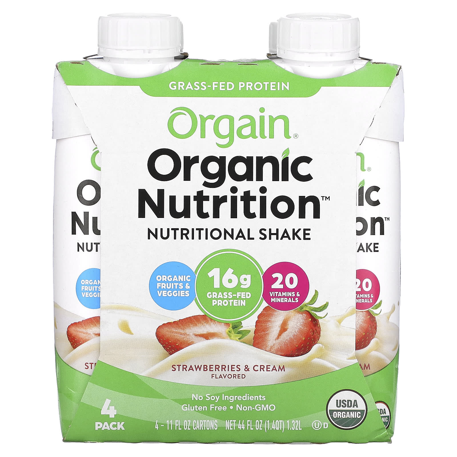 Orgain-Organic Nutrition-Nutritional Shake- Strawberries & Cream-4 Pack-11 fl oz (330 ml) Each