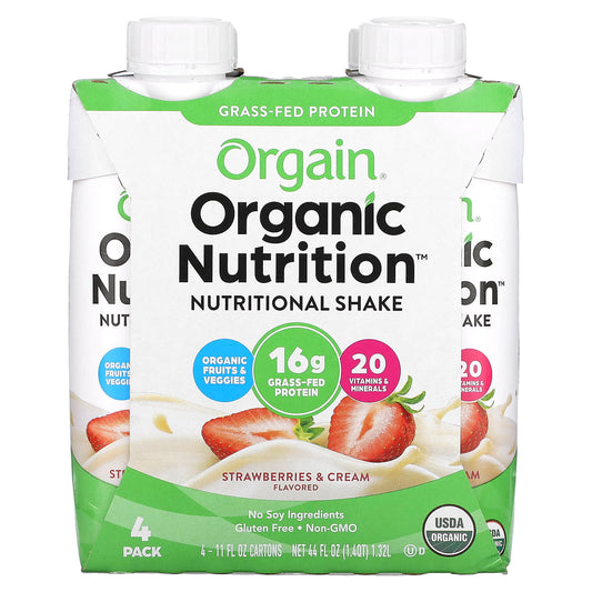 Orgain-Organic Nutrition-Nutritional Shake- Strawberries & Cream-4 Pack-11 fl oz (330 ml) Each