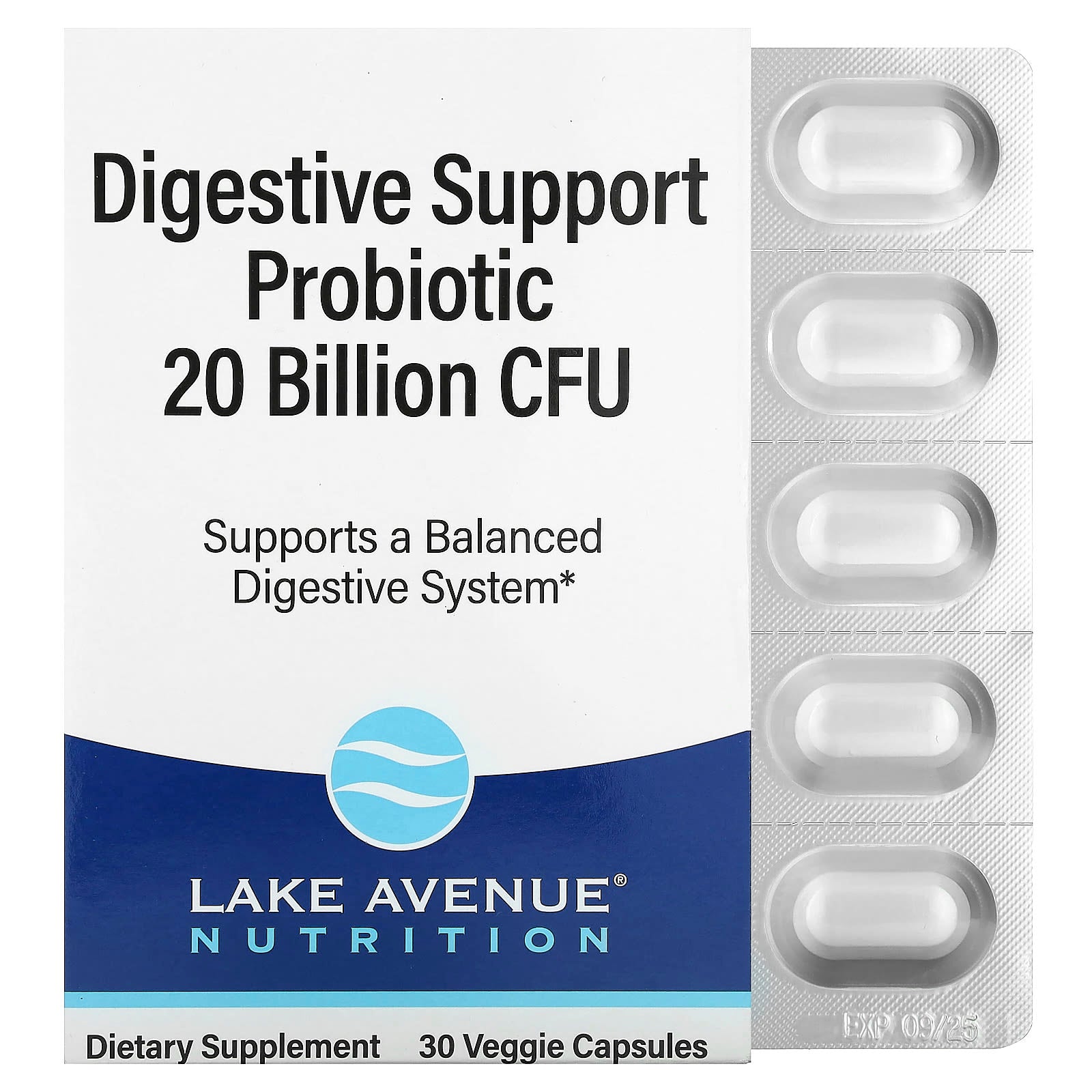 Lake Avenue Nutrition-Digestive Support Probiotic-Probiotic & Prebiotic Blend-20 Billion CFUs-30 Veggie Capsules