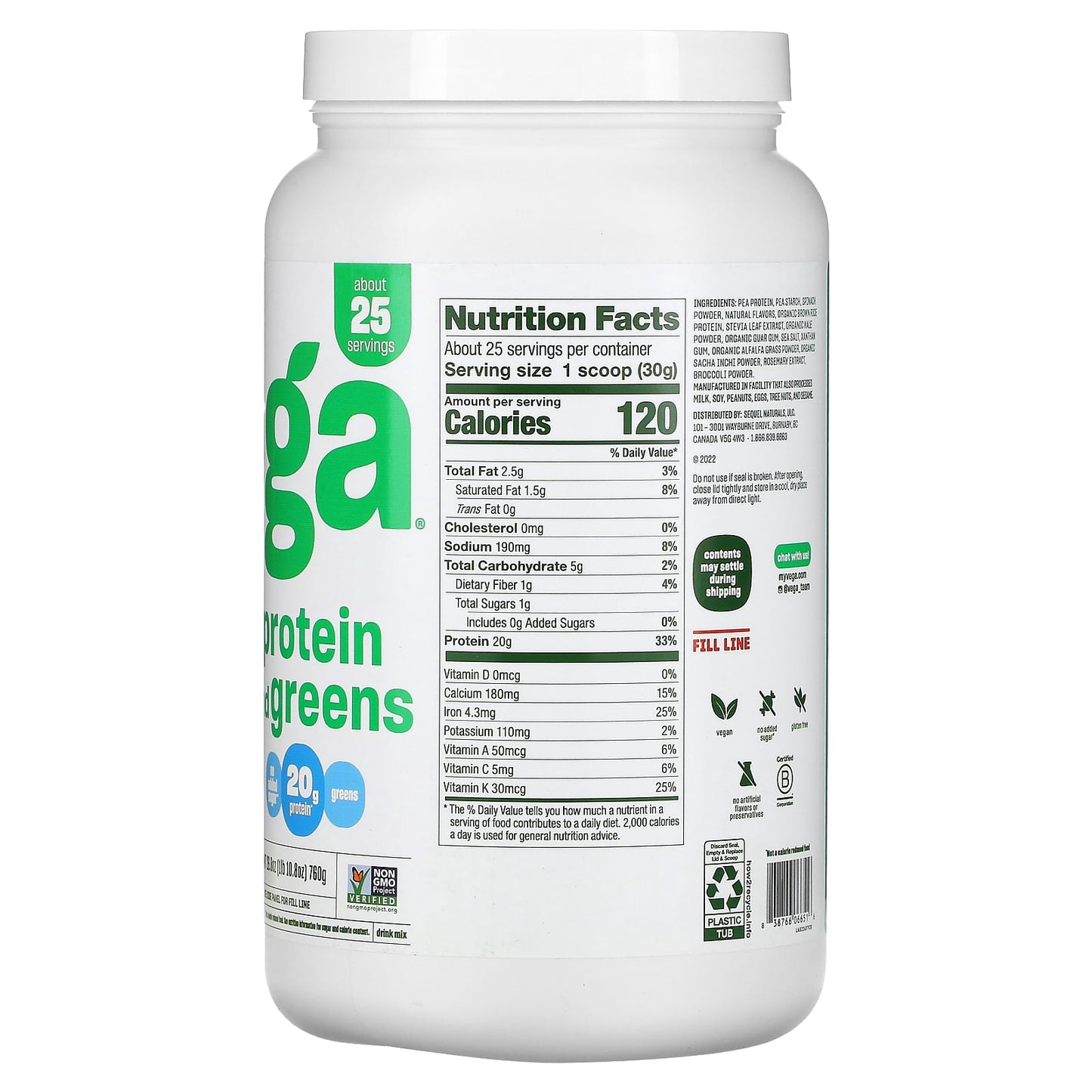 Vega, Plant Based Protein and Greens, Vanilla, 26.8 oz (760 g)