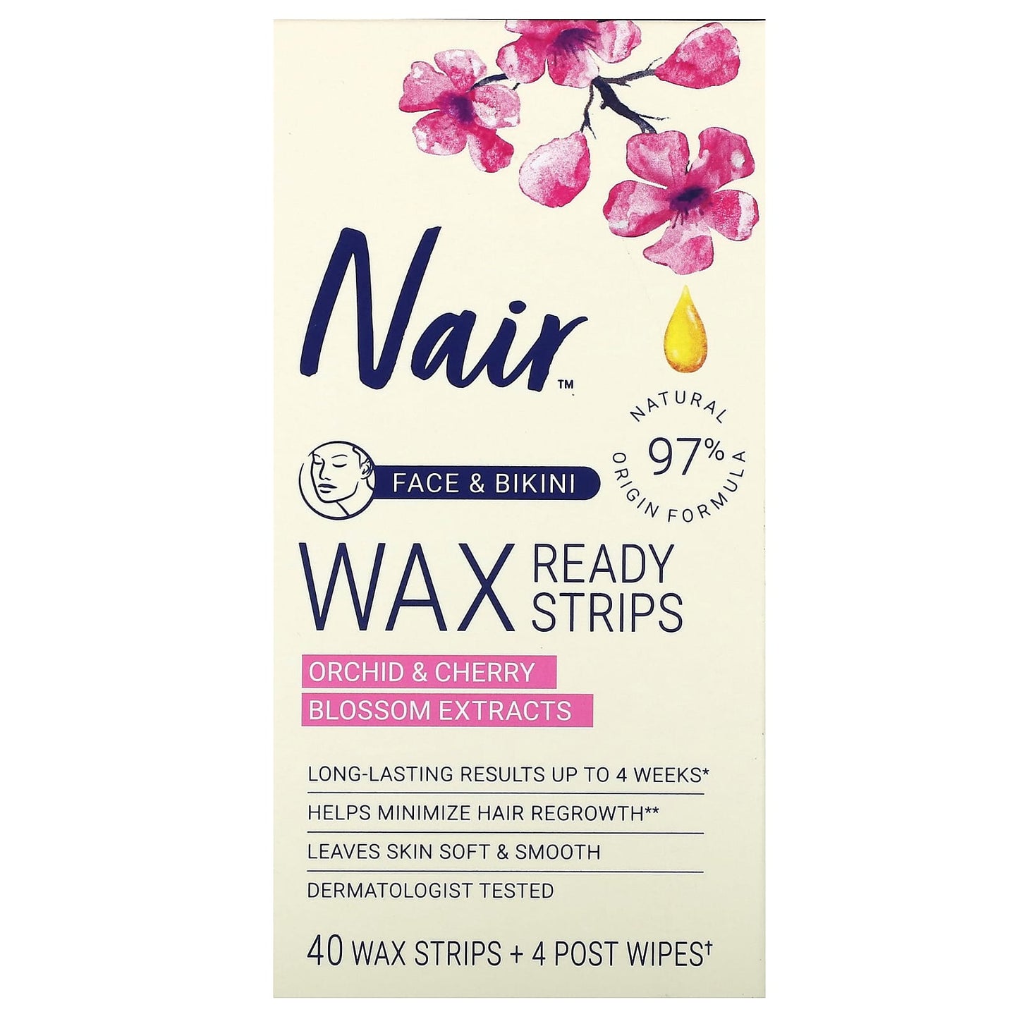 Nair-Wax Ready Strips-Face & Bikini-Orchid & Cherry Blossom Extracts-40 Wax Strips + 4 Post Wipes