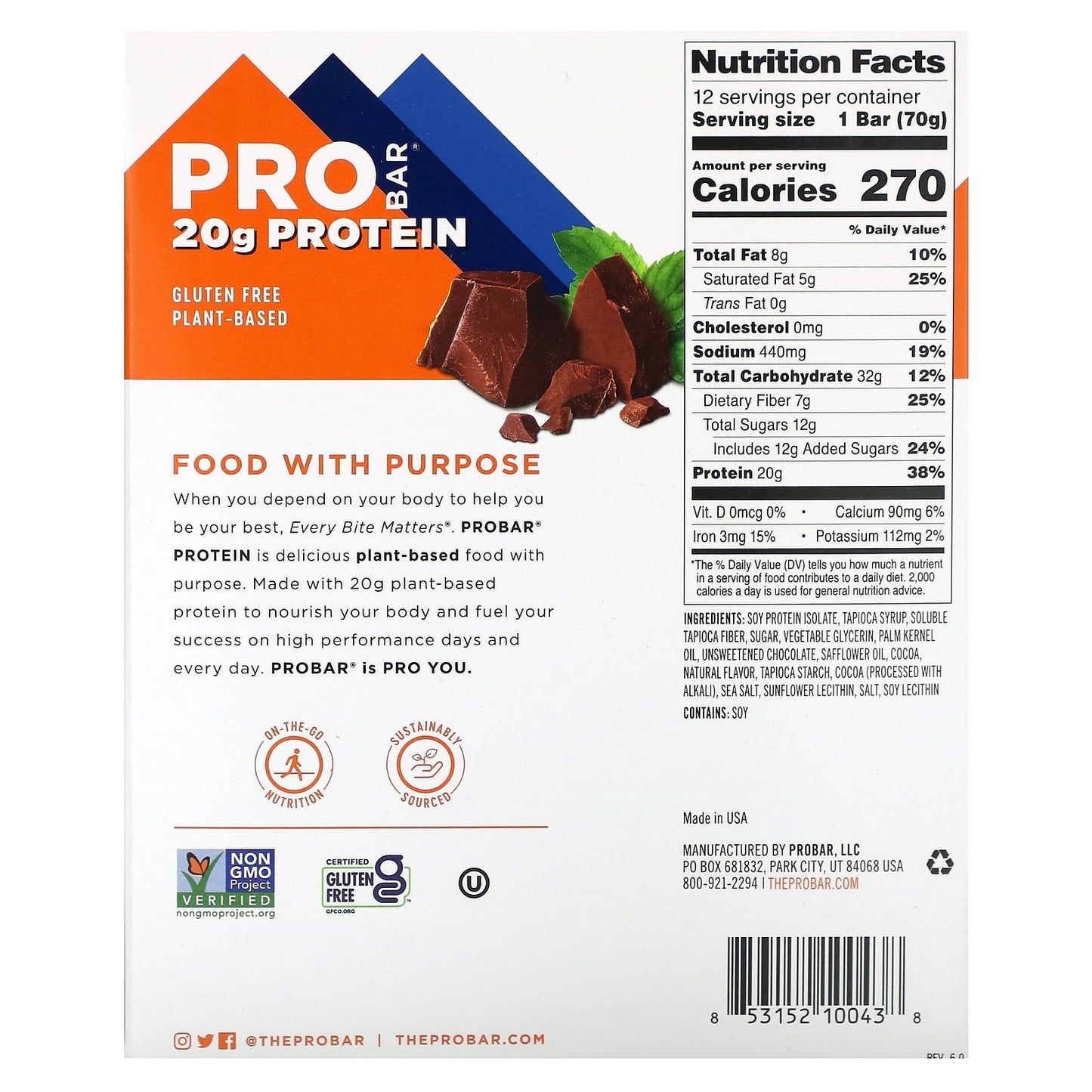 ProBar, Protein Bar, Mint Chocolate, 12 Bars, 2.47 oz (70 g) Each