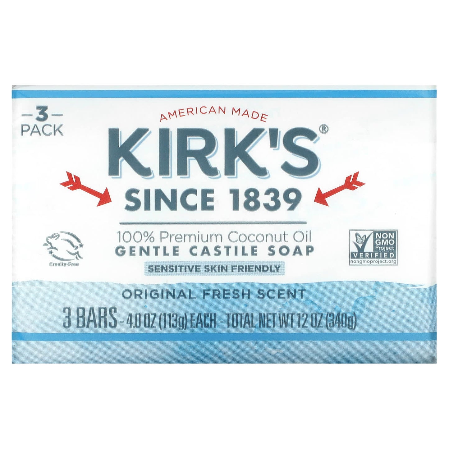 Kirk's, 100% Premium Coconut Oil Gentle Castile Soap, Original Fresh Scent, 3 Bars, 4 oz (113 g) Each