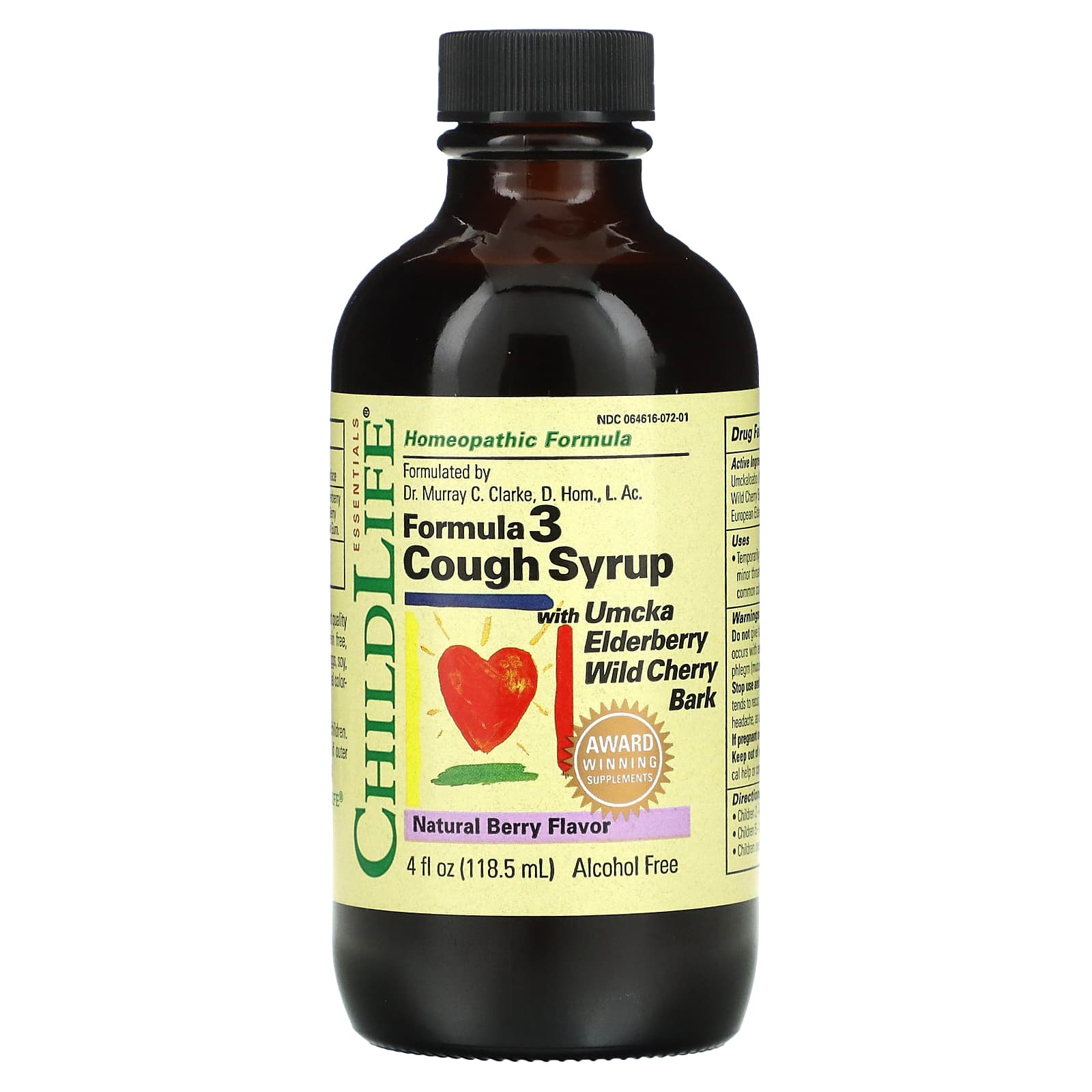 ChildLife Essentials-Essentials-Formula 3 Cough Syrup-Alcohol Free-Natural Berry-4 fl oz (118.5 ml)