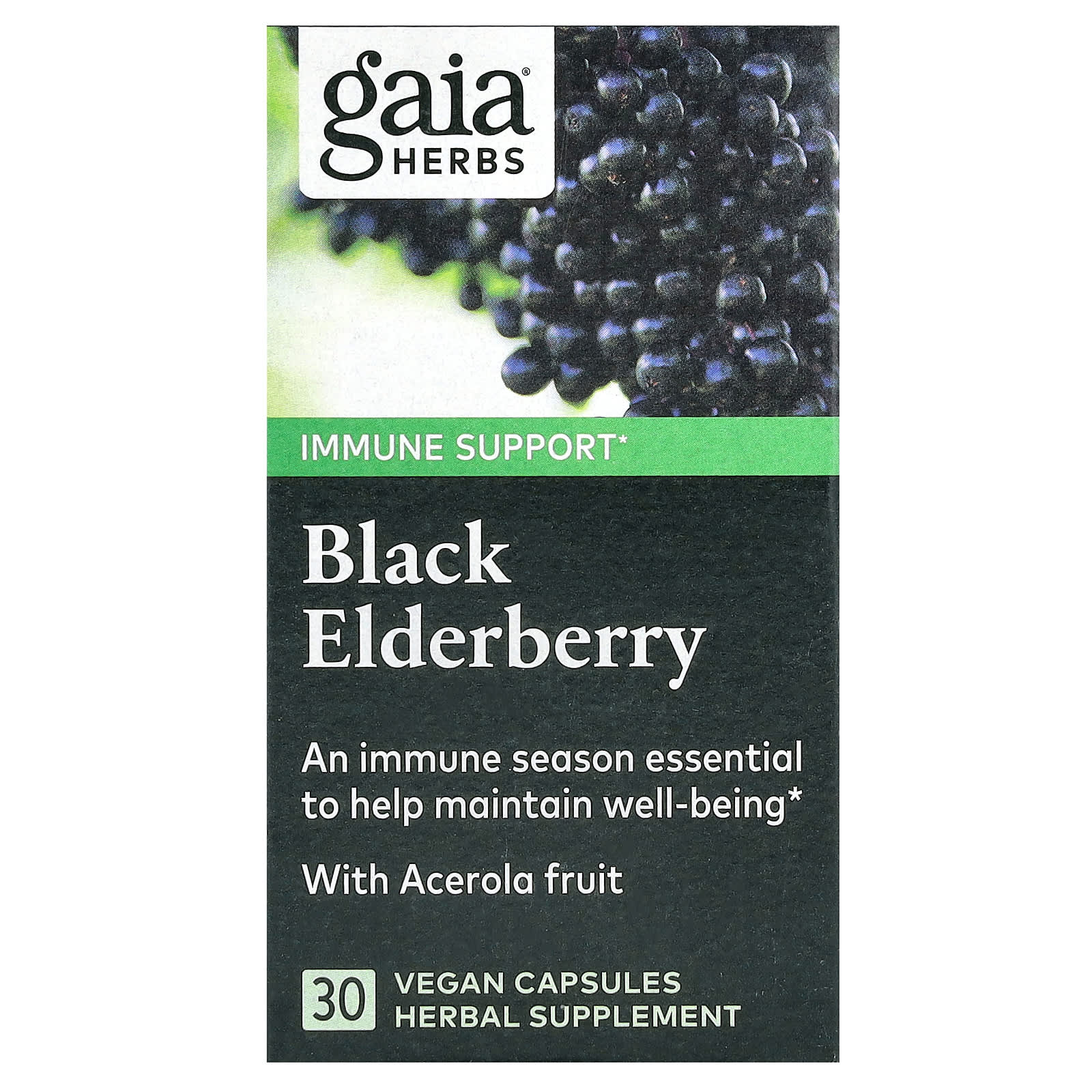 Gaia Herbs-Black Elderberry with Acerola Fruit-30 Vegan Capsules