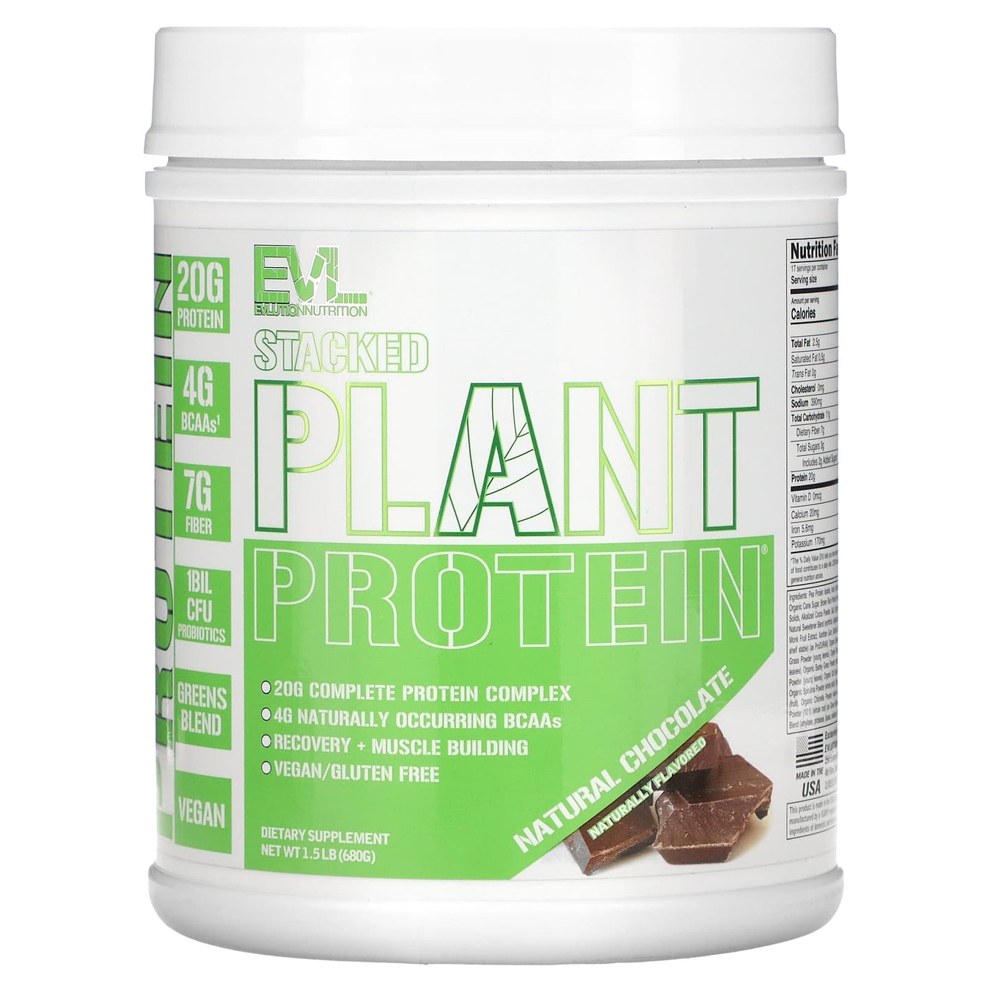 EVLution Nutrition-Stacked Plant Protein-Natural Chocolate-1.5 lb (680 g)