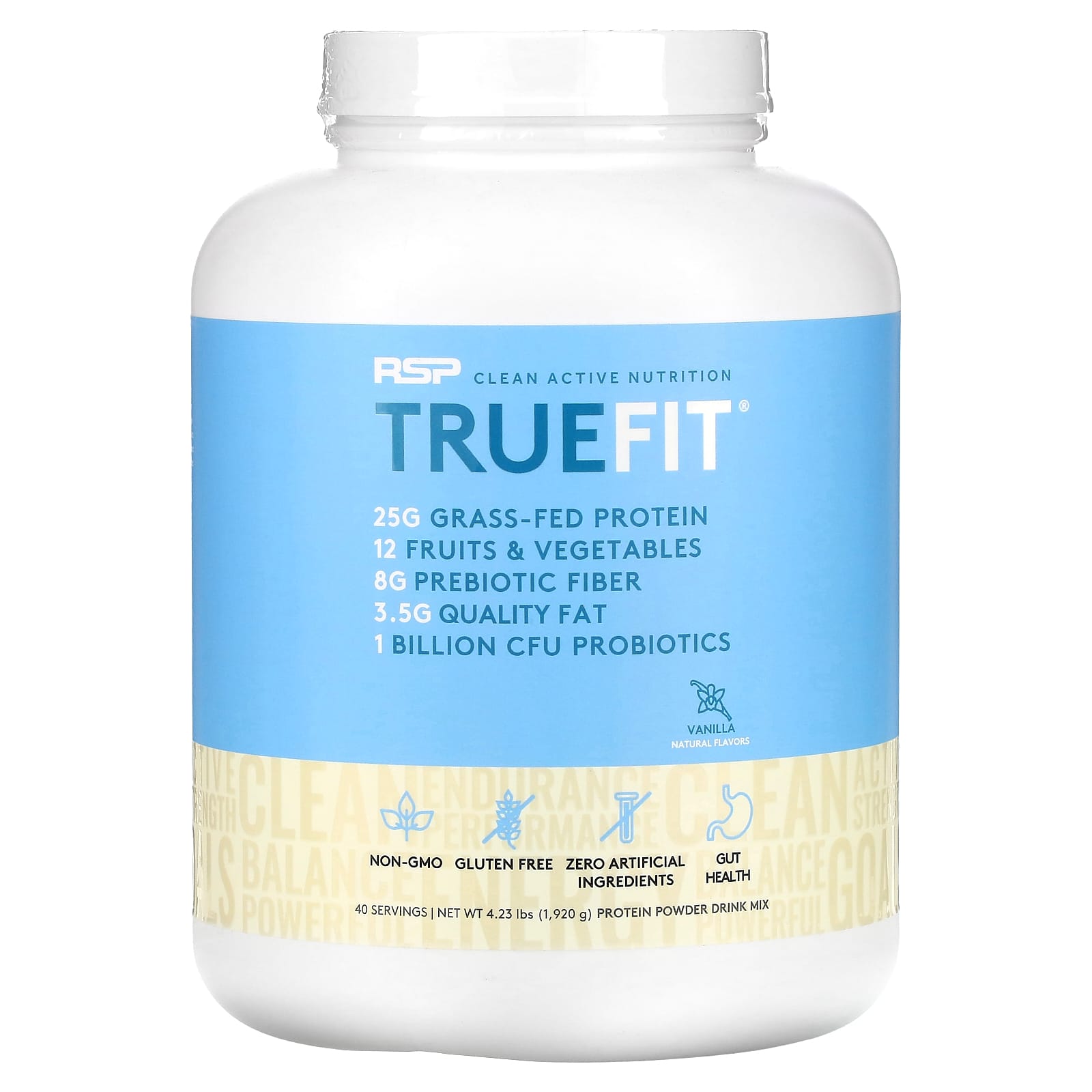 RSP Nutrition-TrueFit-Grass-Fed Protein Powder Drink Mix with Fruits & Veggies-Vanilla-4.23 lbs (1,920 g)