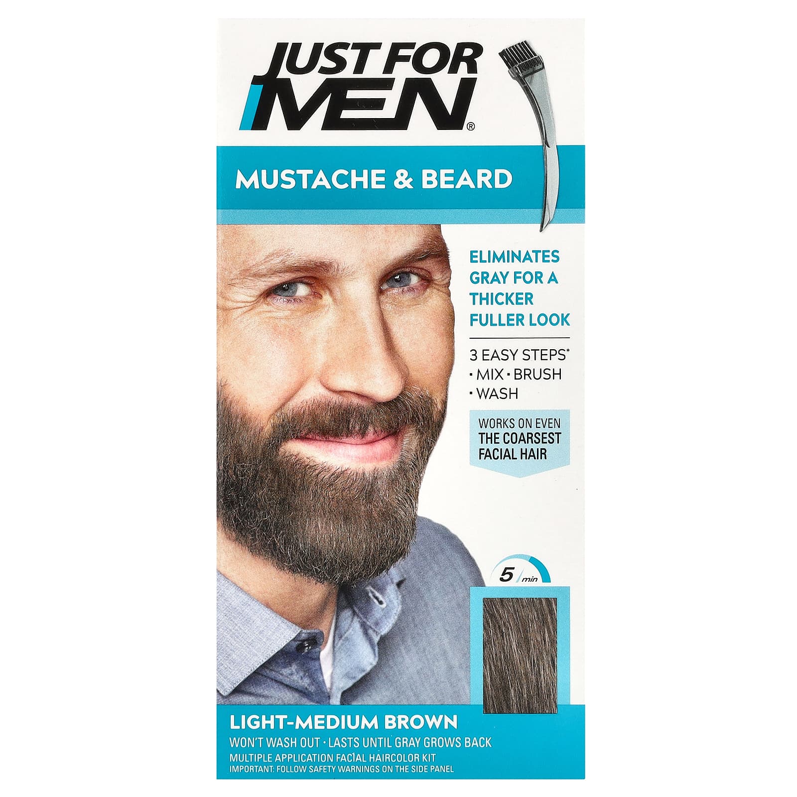 Just for Men-Mustache & Beard-Brush-In Color Gel-M-30 Light-Medium Brown-1 Multiple Application Kit