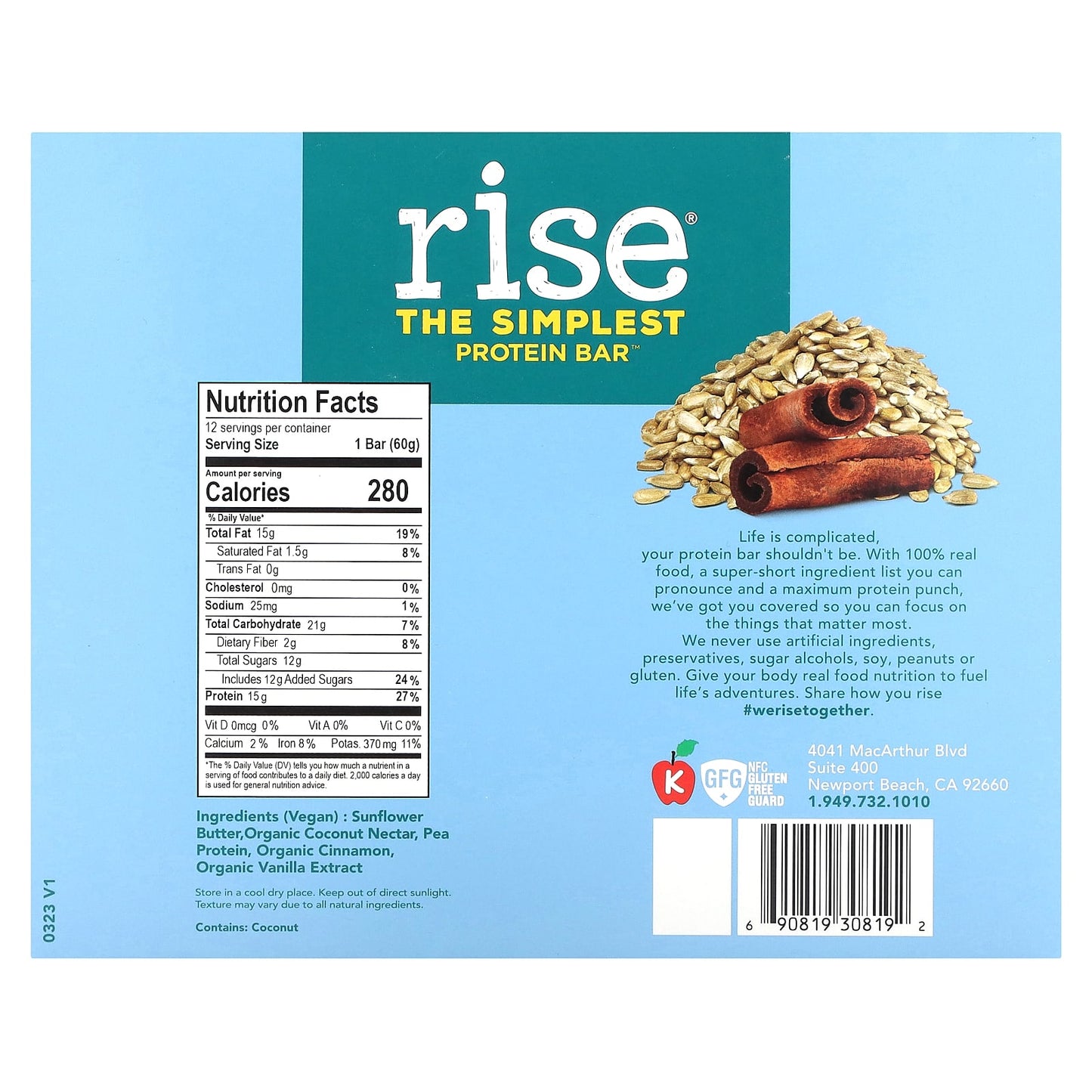 Rise Bar, The Simplest Protein Bar, Sunflower Cinnamon, 12 Bars, 2.1 oz (60 g) Each