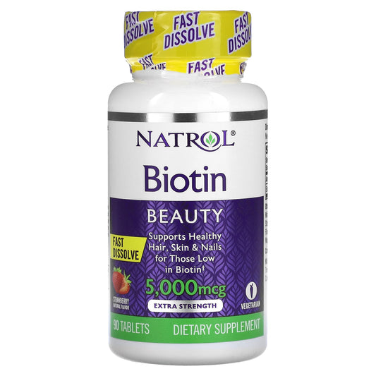 Natrol-Biotin-Fast Dissolve-Extra Strength-Strawberry-5,000 mcg-90 Tablets