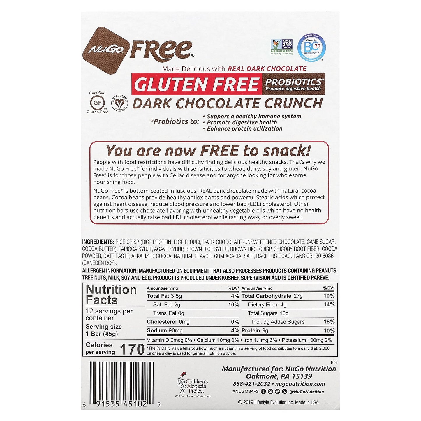 NuGo Nutrition, Gluten Free Protein Bar, Dark Chocolate Crunch, 12 Bars, 1.59 oz (45 g) Each