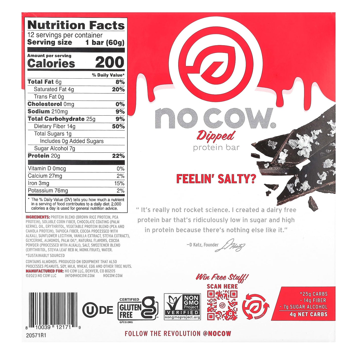 No Cow, Dipped Protein Bar, Chocolate Sea Salt, 12 Bars, 2.12 oz (60 g) Each