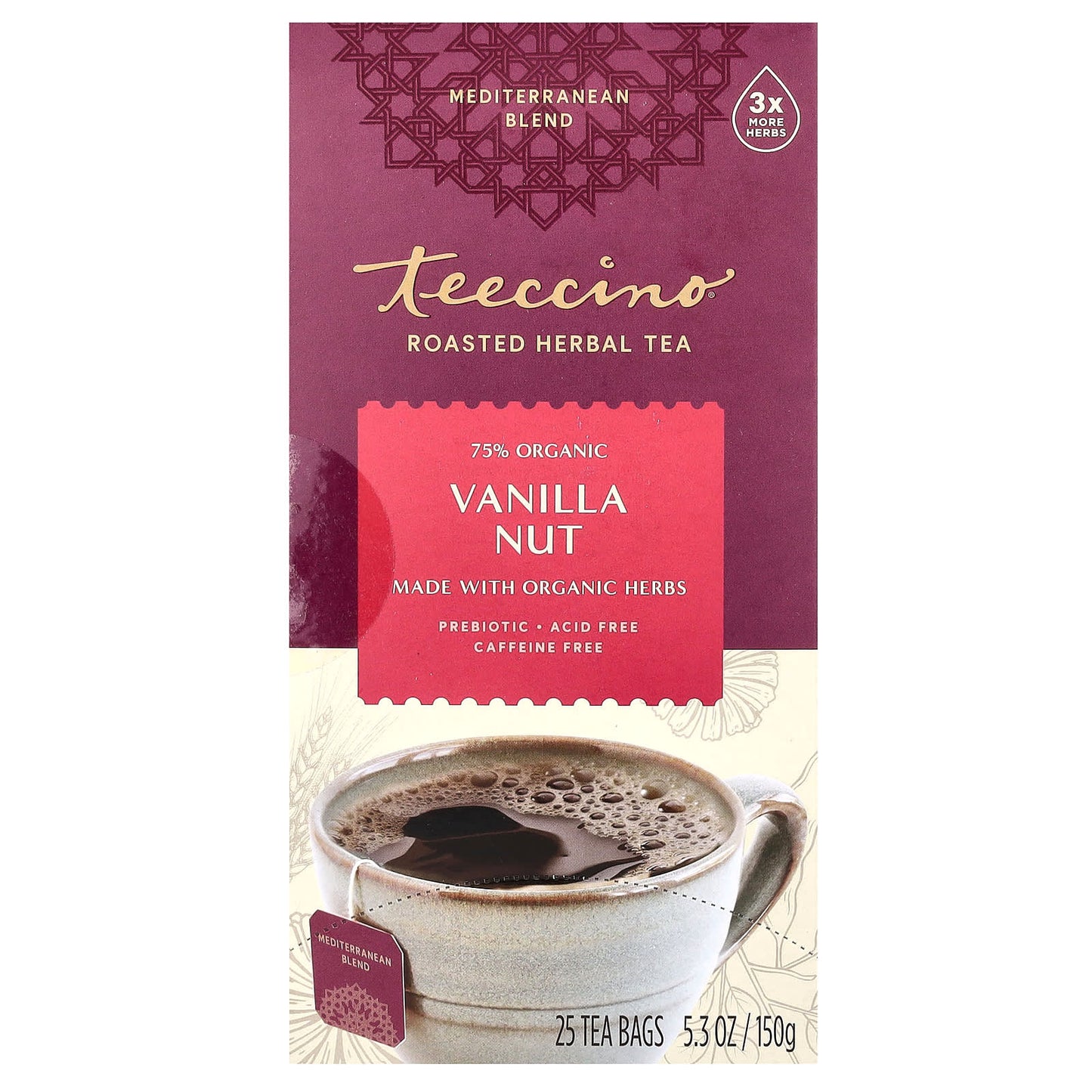 Teeccino-Roasted Herbal Tea-Vanilla Nut-Caffeine Free-25 Tea Bags-5.3 oz (150 g)