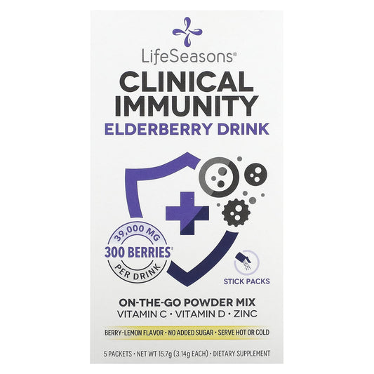 LifeSeasons-Clinical Immunity Elderberry Drink Mix-Berry-Lemon-39,000 mg-5 Packets-3.14 g Each