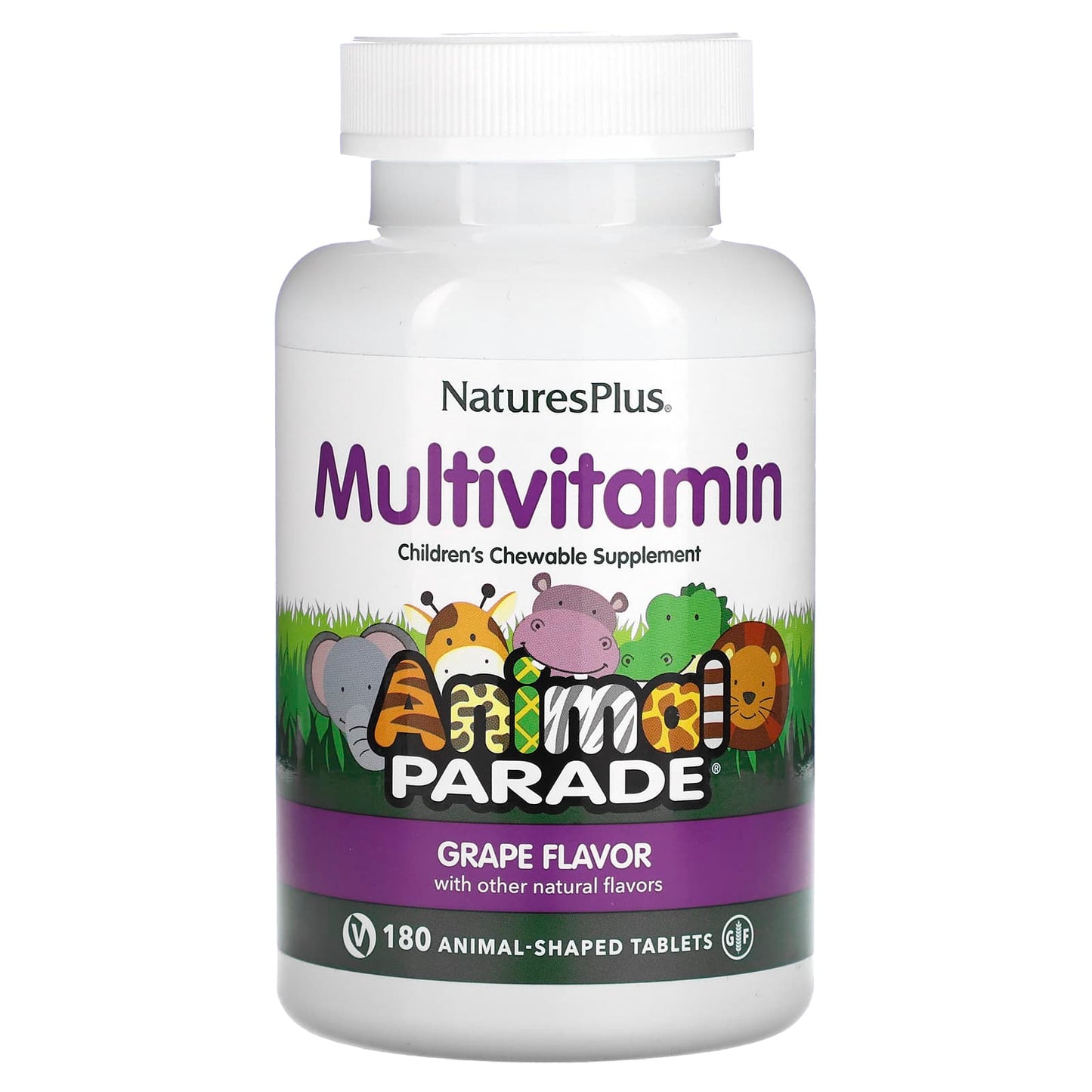 NaturesPlus-Animal Parade-Children's Chewable Multivitamin Supplement-Grape-180 Animal-Shaped Tablets