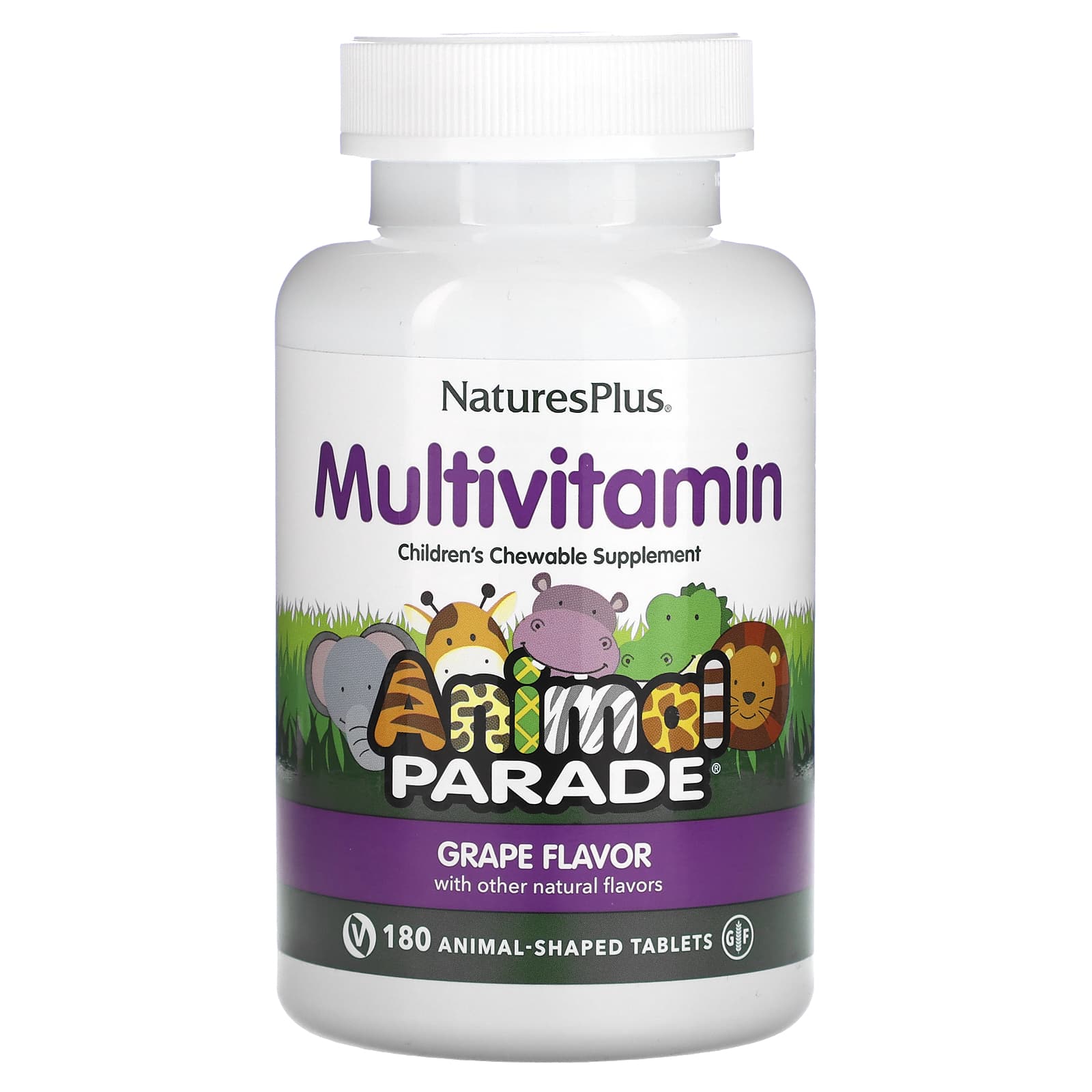 NaturesPlus-Animal Parade-Children's Chewable Multivitamin Supplement-Grape-180 Animal-Shaped Tablets