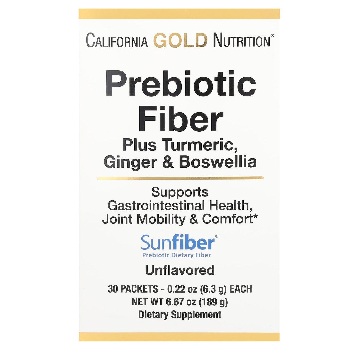 California Gold Nutrition-Prebiotic Fiber Plus Turmeric-Ginger-& Boswellia-30 Packets-0.22 oz (6.3 g) Each