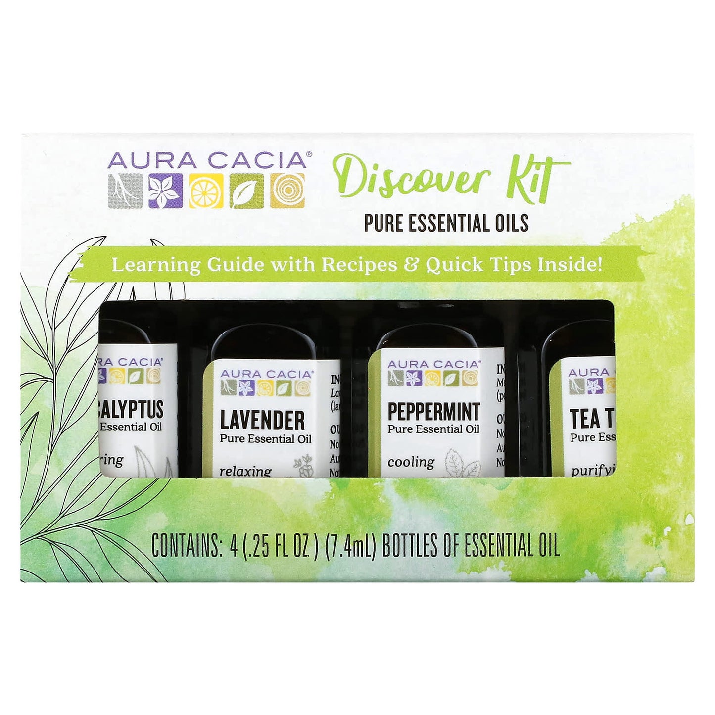 Aura Cacia, Discover Kit, Pure Essential Oils, 4 Bottles, 0.25 fl oz (7.4 ml) Each