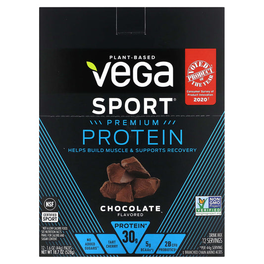 Vega-Sport-Plant-Based Premium Protein-Chocolate-12 Packs-1.6 oz (44 g) Each