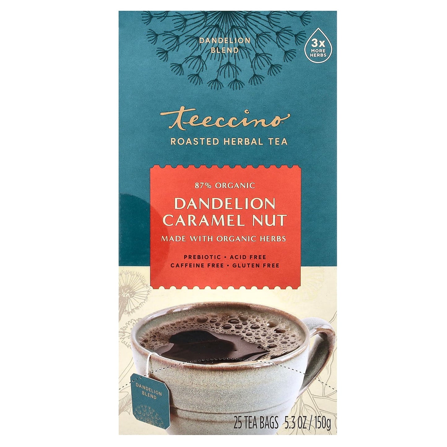 Teeccino-Roasted Herbal Tea-Dandelion Caramel Nut-Caffeine Free-25 Tea Bags-5.3 oz (150 g)