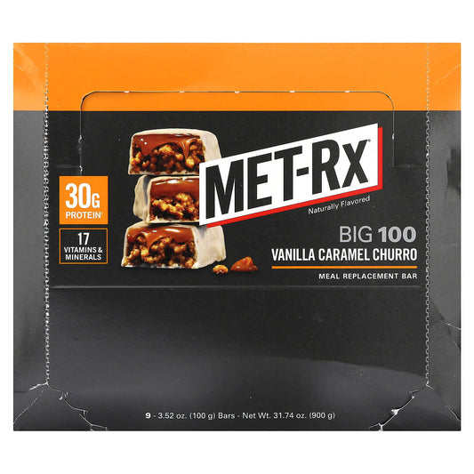 MET-Rx-Big 100-Meal Replacement Bar-Vanilla Caramel Churro-9 Bars-3.52 oz (100 g) Each