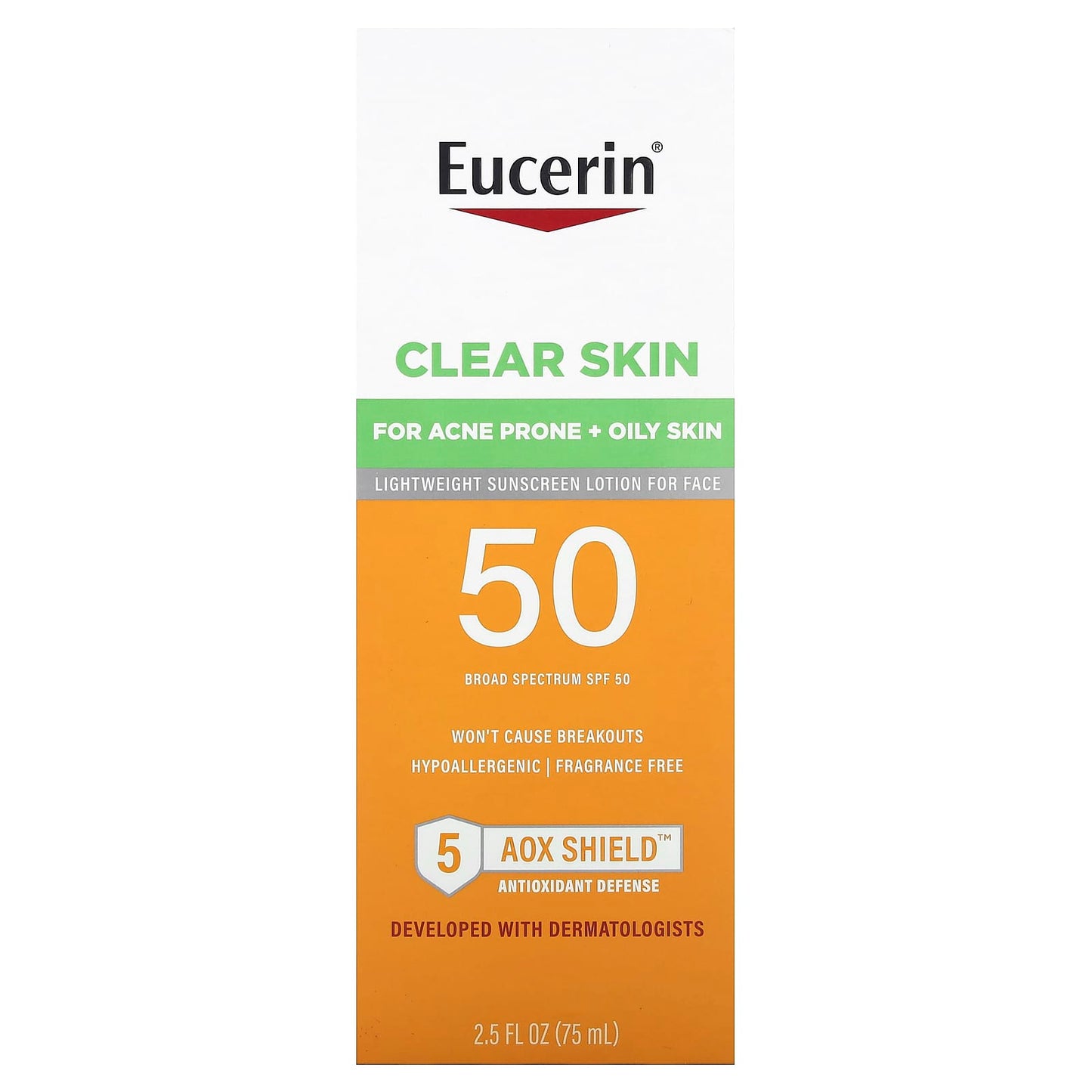 Eucerin, Clear Skin, Lightweight Sunscreen Lotion for Face, SPF 50, Fragrance Free, 2.5 fl oz (75 ml)