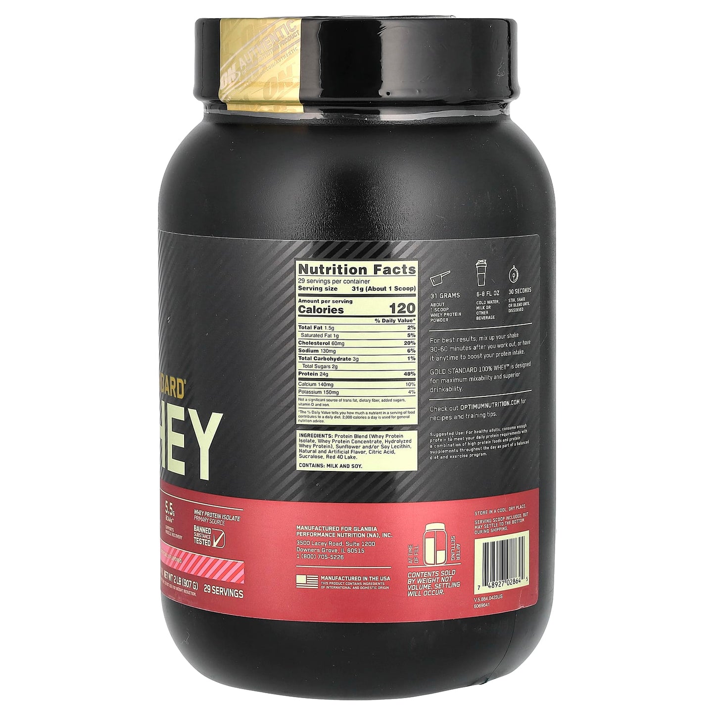 Optimum Nutrition, Gold Standard 100% Whey, Delicious Strawberry, 2 lb (907 g)