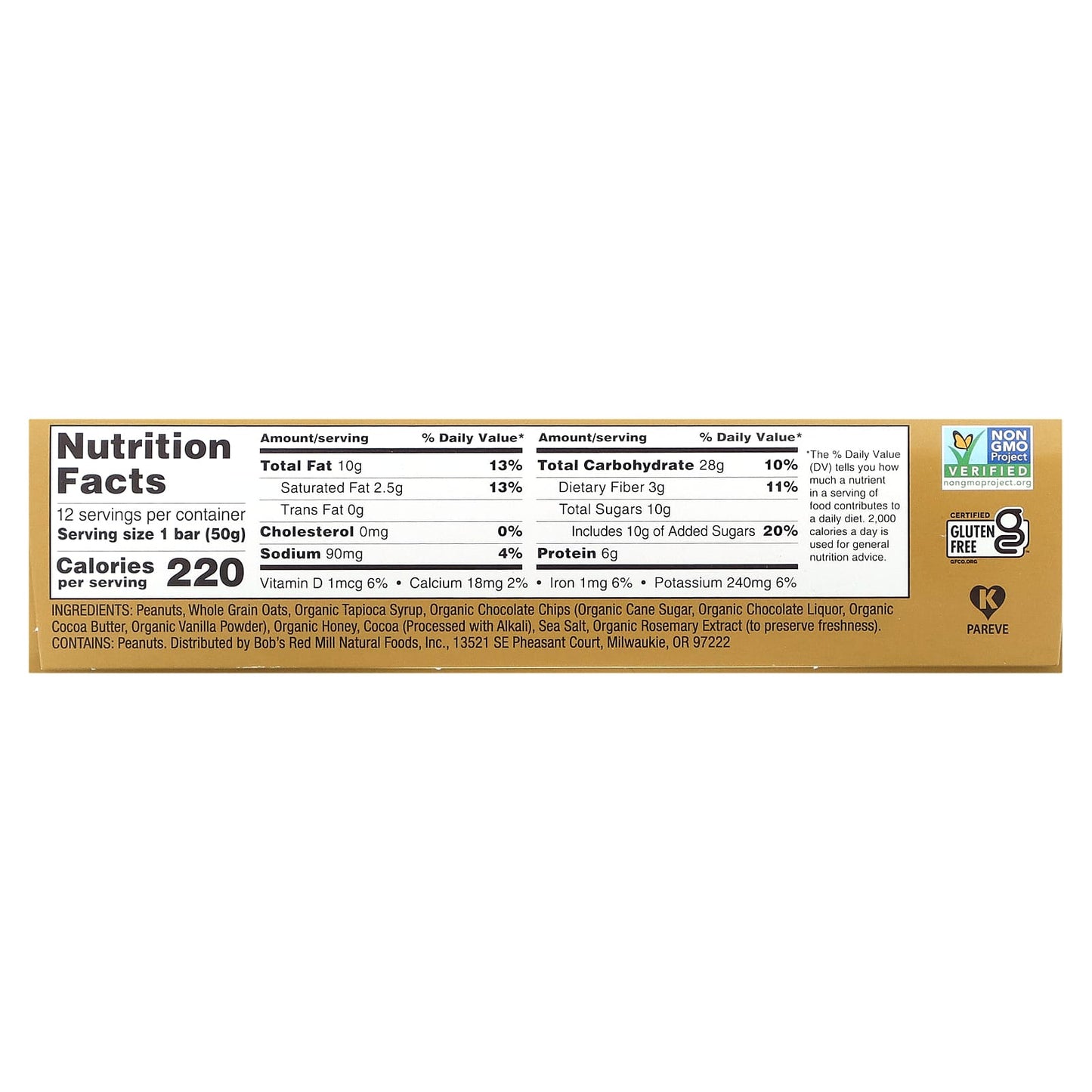 Bob's Red Mill, Bob's Bar, Peanut Butter, Chocolate & Oats, 12 Bars, 1.76 oz (50 g) Each