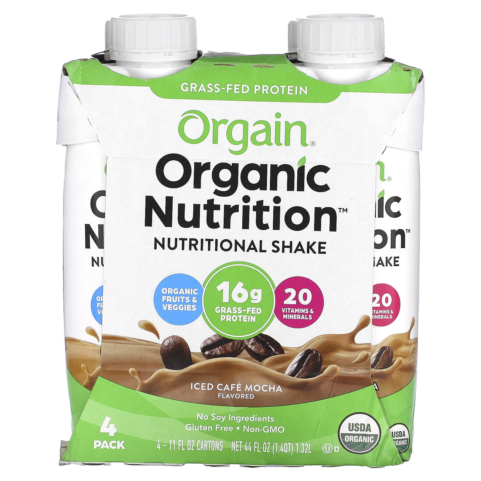 Orgain-Organic Nutrition-Nutritional Shake-Iced Cafe Mocha-4 Pack-11 fl oz (330 ml) Each