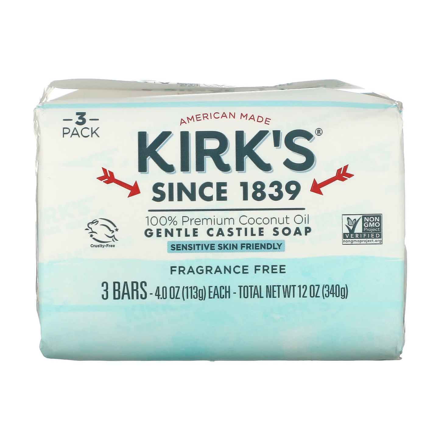 Kirk's, 100% Premium Coconut Oil Gentle Castile Soap, Fragrance Free, 3 Bars, 4 oz (113 g) Each