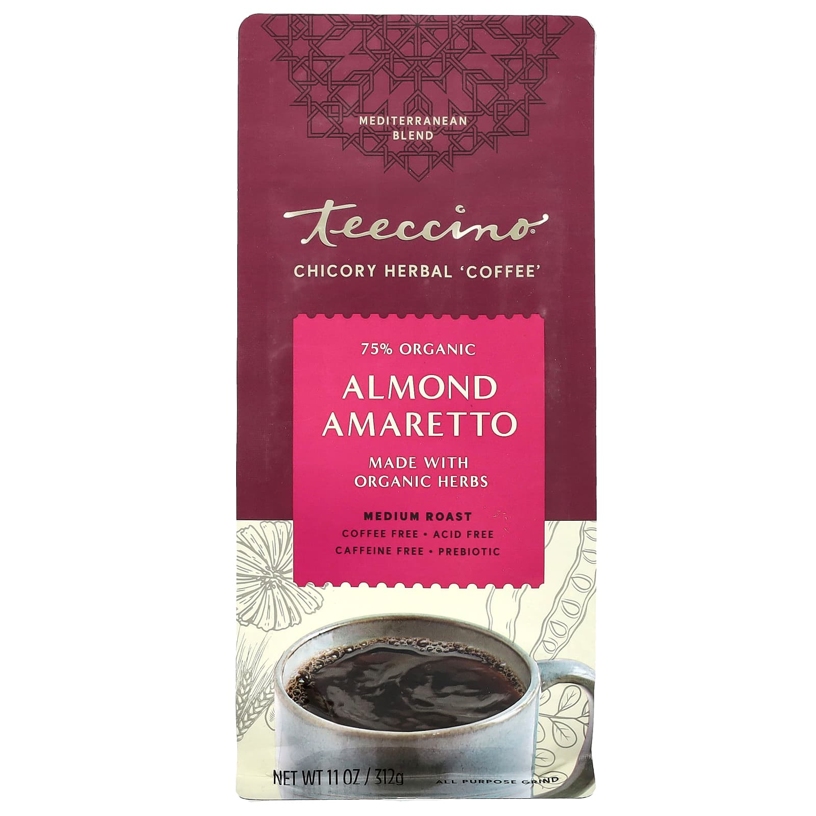 Teeccino-Chicory Herbal Coffee-Almond Amaretto-Medium Roast-Caffeine Free-11 oz (312 g)