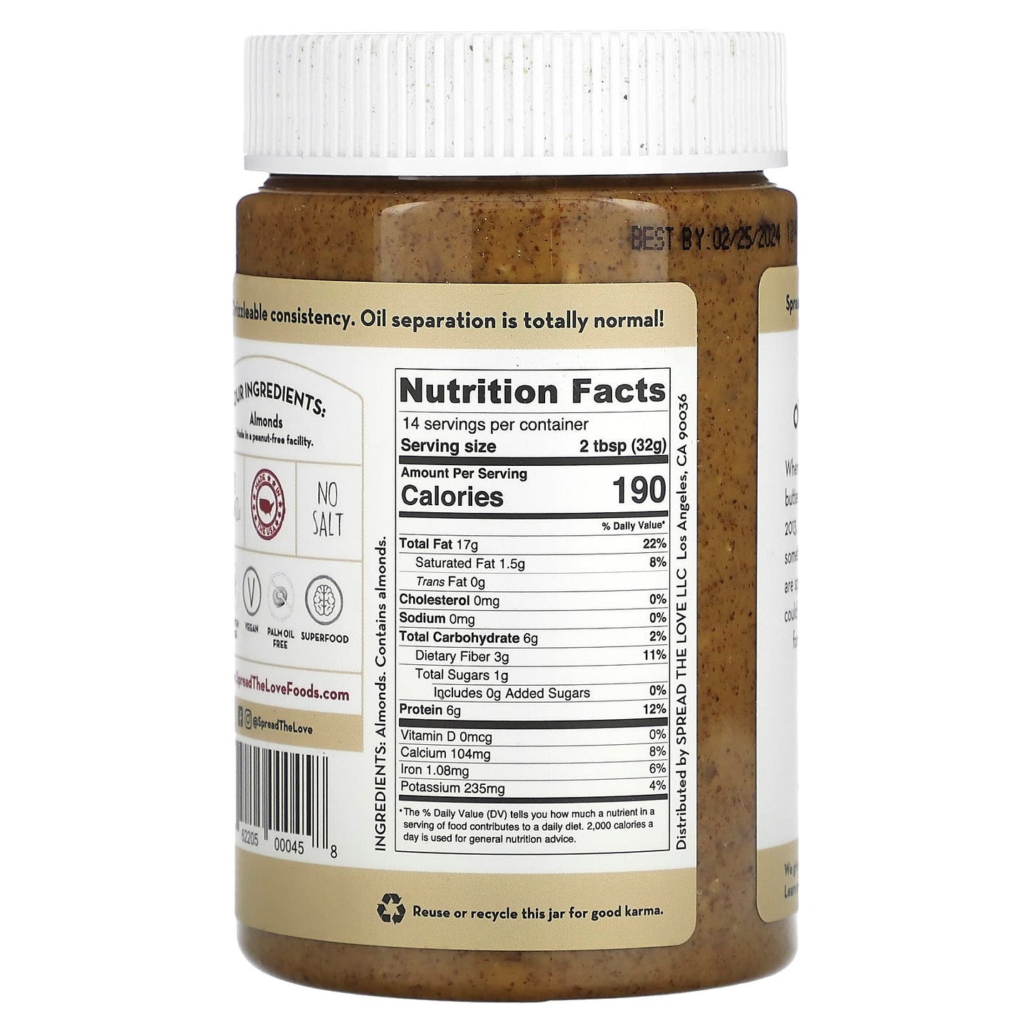 Spread The Love, Almond Butter, Unsalted Crunch, 16 oz (454 g)