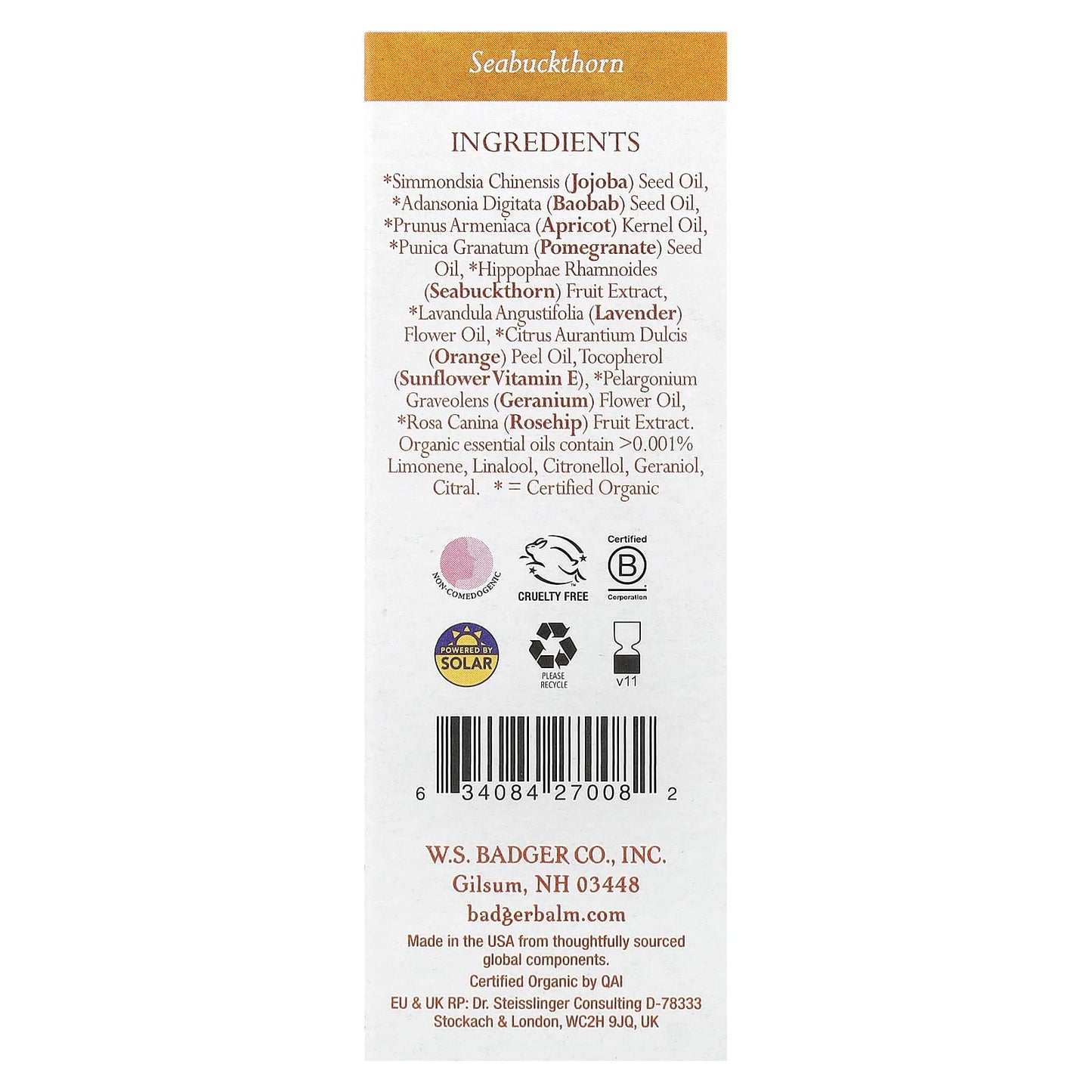 Badger Company, Face Care, Seabuckthorn Face Oil, 1 fl oz (29.5 ml)