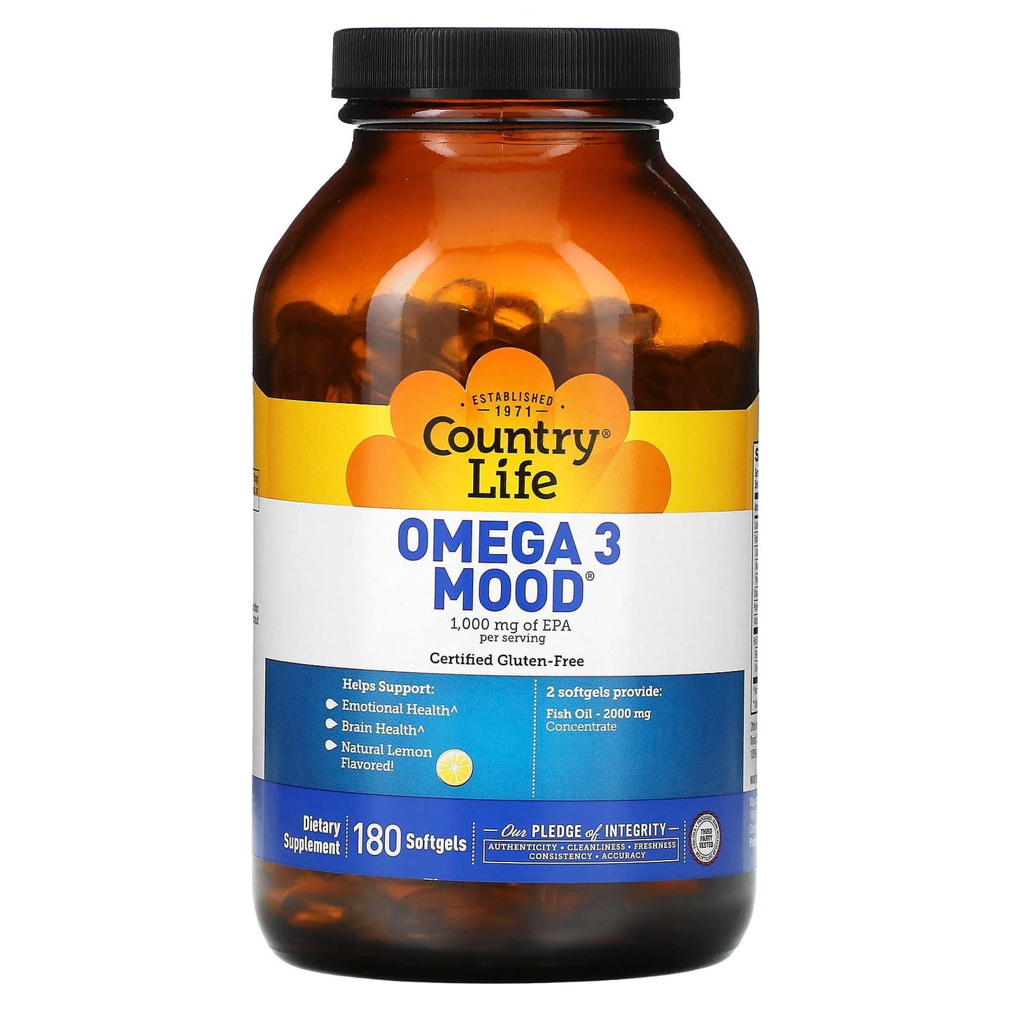 Country Life, Omega 3 Mood, Natural Lemon, 180 Softgels