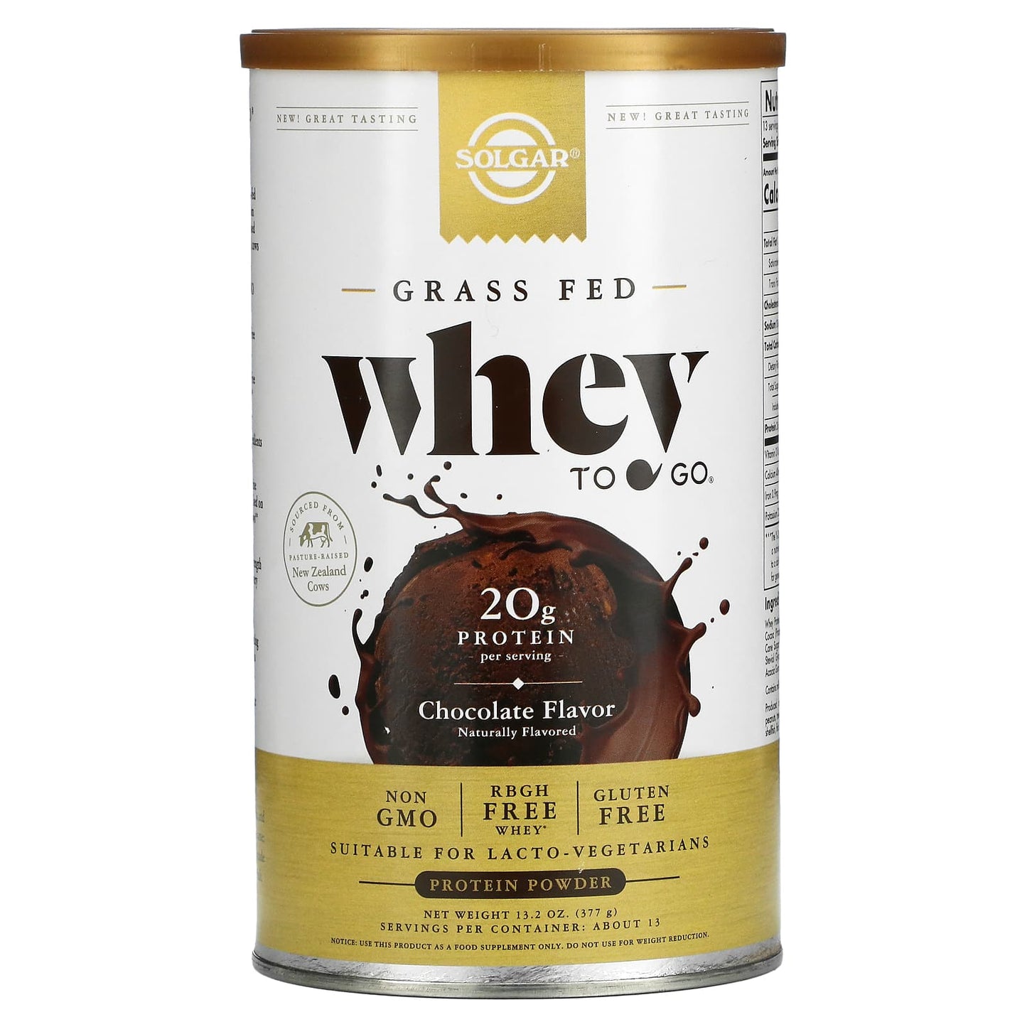 Solgar-Grass Fed Whey To Go-Whey Protein Powder-Chocolate-13.2 oz (377 g)