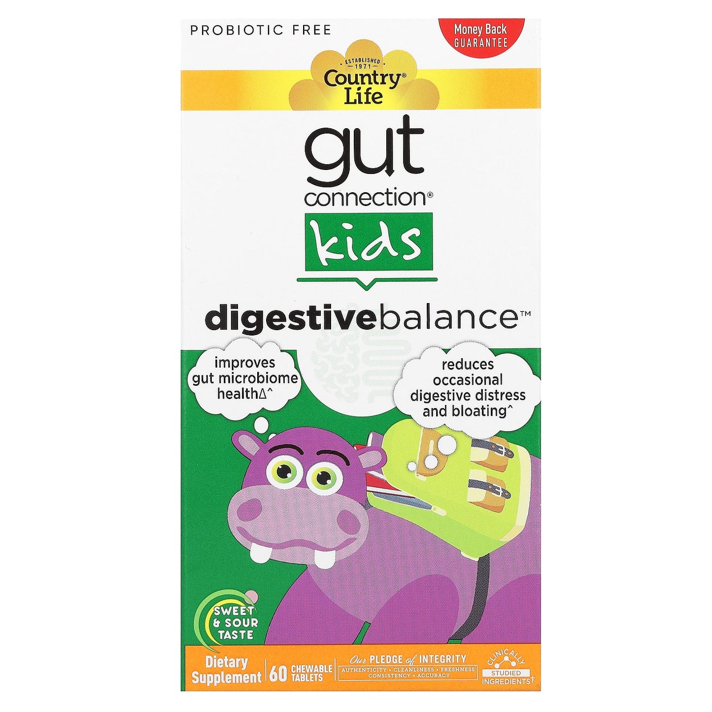 Country Life-Gut Connection Kids-Digestive Balance-Sweet & Sour- 60 Chewable Tablets