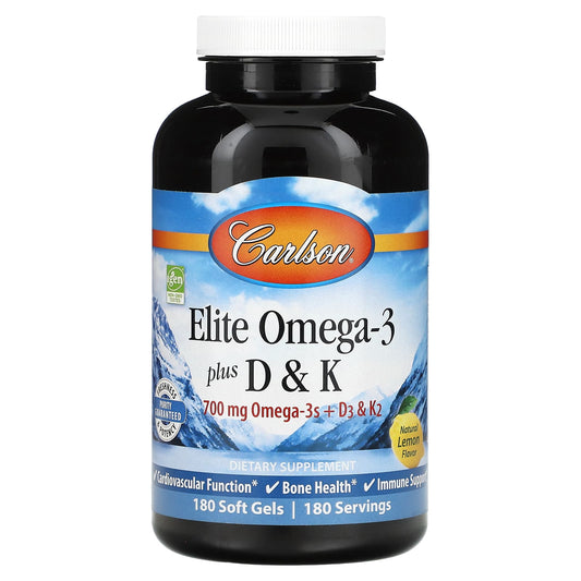 Carlson-Elite Omega-3 Plus D & K-Natural Lemon Flavor-180 Soft Gels