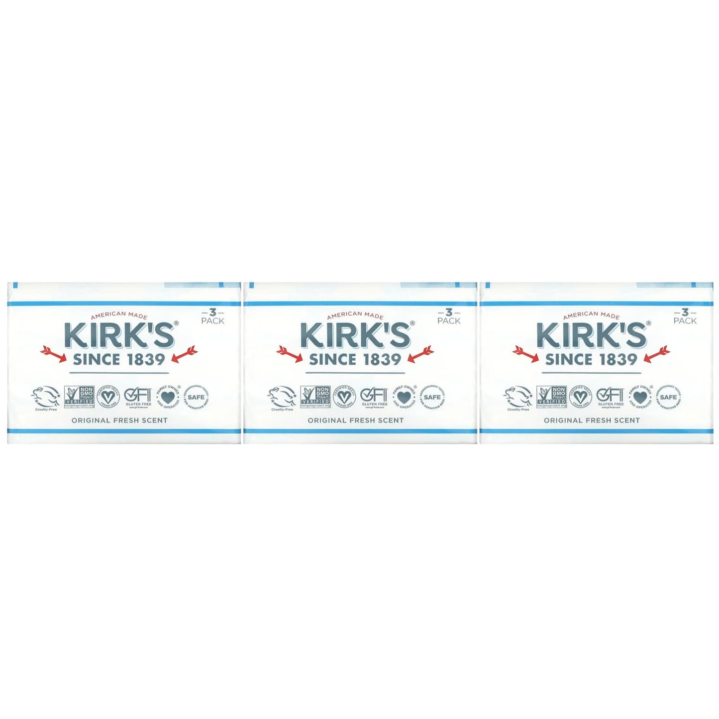 Kirk's-100% Premium Coconut Oil Gentle Castile Soap-Original Fresh Scent-3 Bars-4 oz (113 g) Each