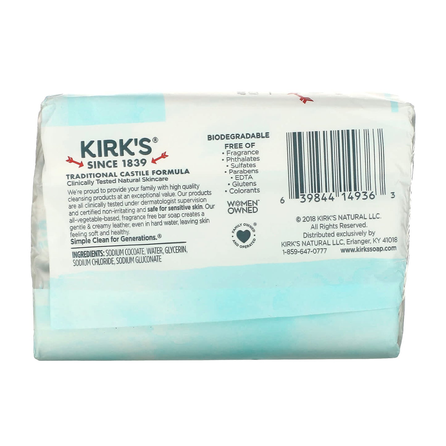 Kirk's, 100% Premium Coconut Oil Gentle Castile Soap, Fragrance Free, 3 Bars, 4 oz (113 g) Each