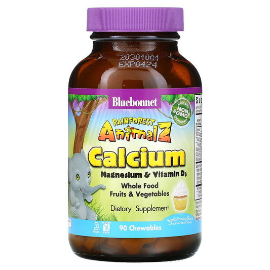 Bluebonnet Nutrition-Rainforest Animalz-Calcium Magnesium & Vitamin D3-Natural Vanilla Frosting-90 Chewables