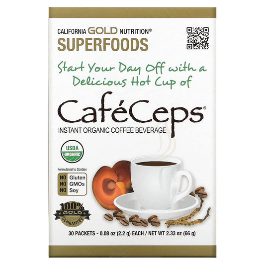 California Gold Nutrition-CafeCeps-Certified Organic Instant Coffee with Cordyceps and Reishi Mushroom Powder-30 Packets-0.08 oz (2.2 g) Each