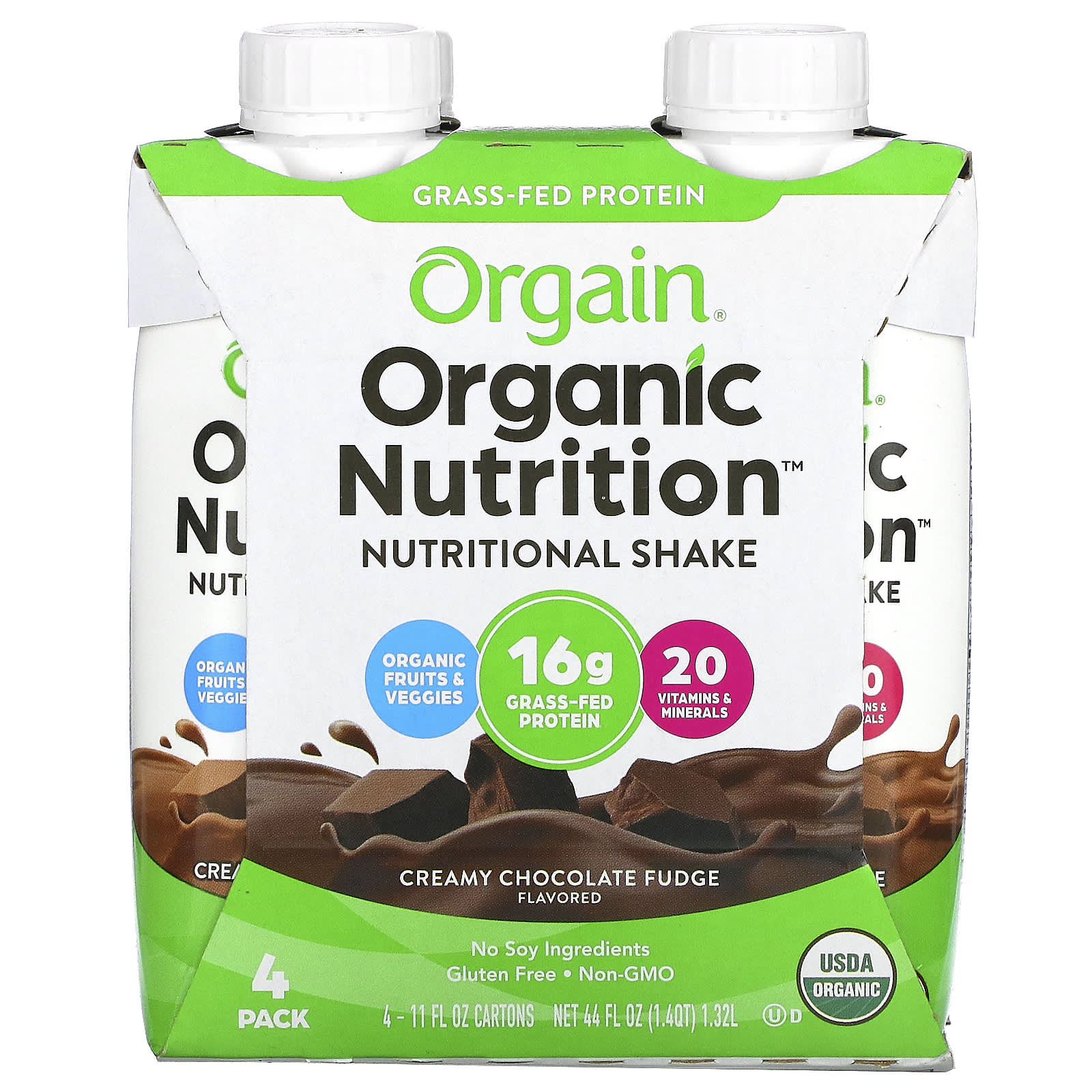 Orgain-Organic Nutrition-Nutritional  Shake-Creamy Chocolate Fudge-4 Pack-11 fl oz Each