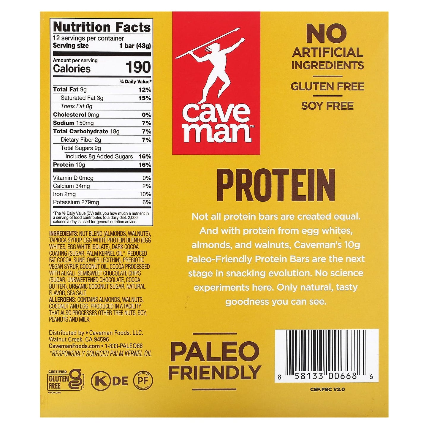 Caveman Foods, Protein Bar, Double Dark Chocolate, 12 Bars, 1.52 oz (43 g) Each