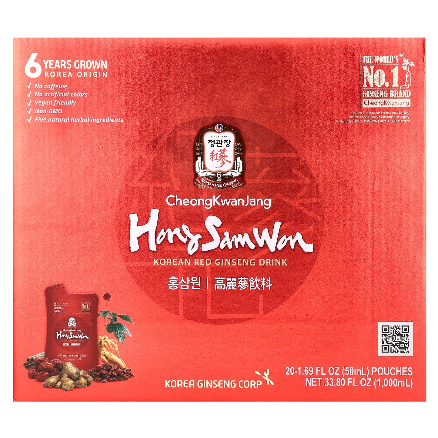 CheongKwanJang-Hong Sam Won-Korean Red Ginseng Drink-20 Pouches-1.69 fl oz (50 ml) Each