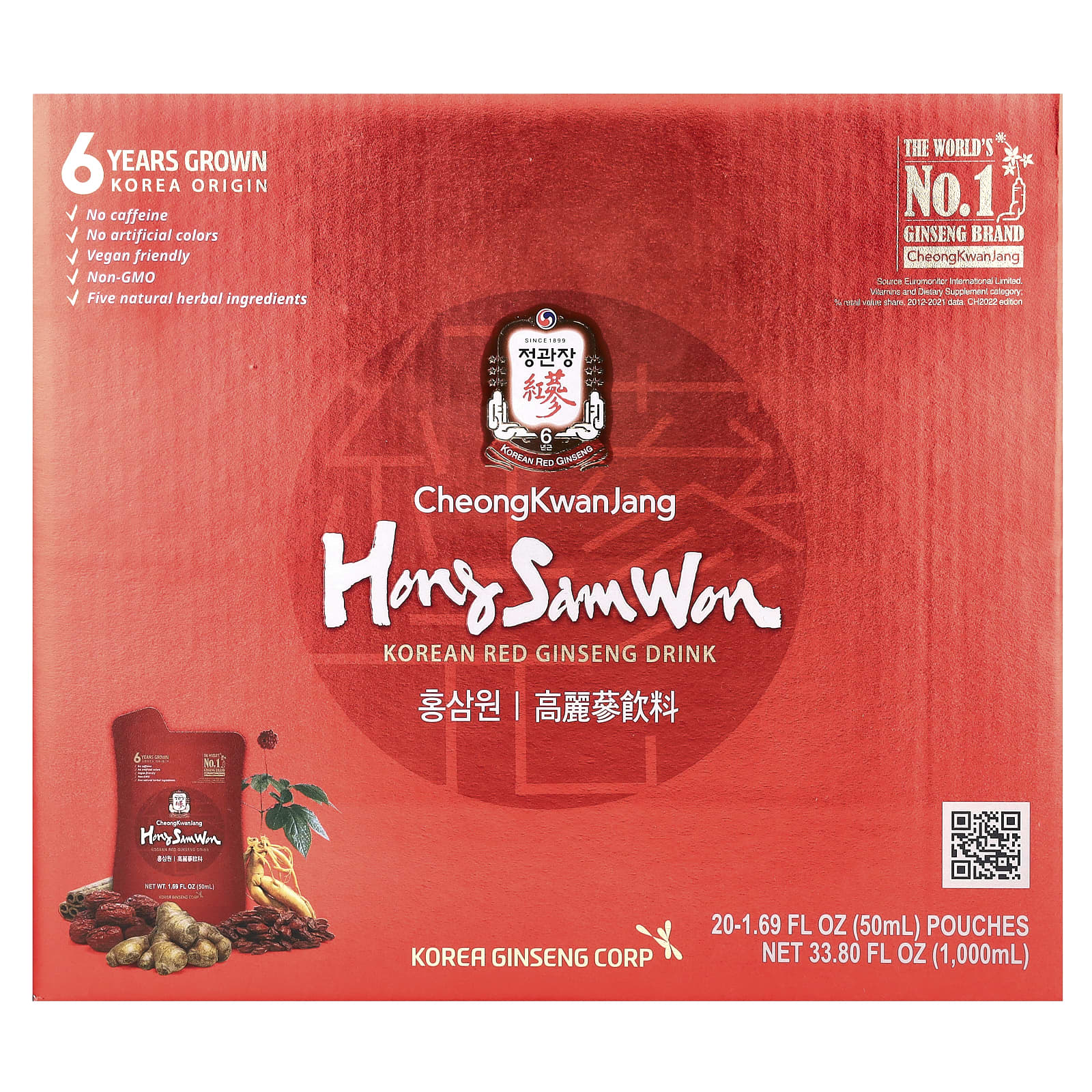 CheongKwanJang-Hong Sam Won-Korean Red Ginseng Drink-20 Pouches-1.69 fl oz (50 ml) Each