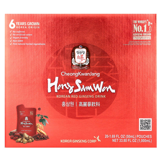 CheongKwanJang-Hong Sam Won-Korean Red Ginseng Drink-20 Pouches-1.69 fl oz (50 ml) Each