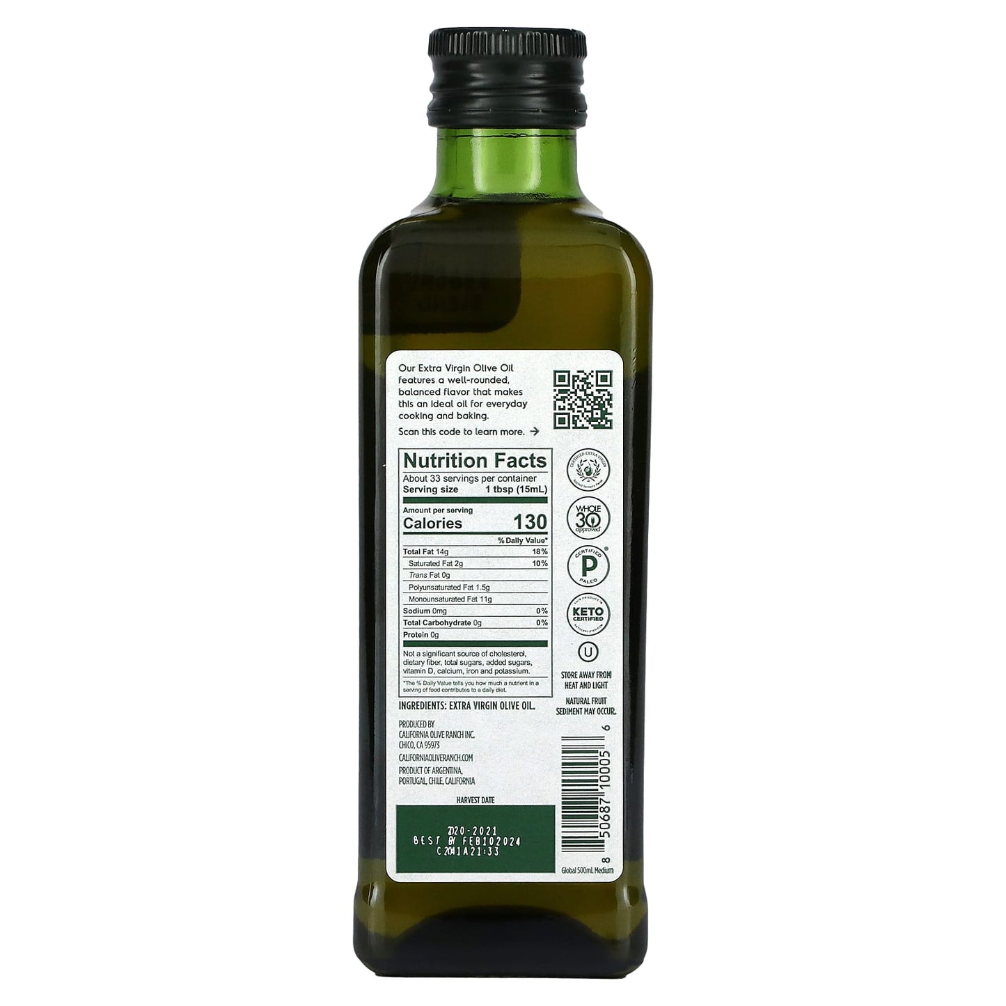 California Olive Ranch, Global Blend, Extra Virgin Olive Oil, Medium, 16.9 fl oz (500 ml)