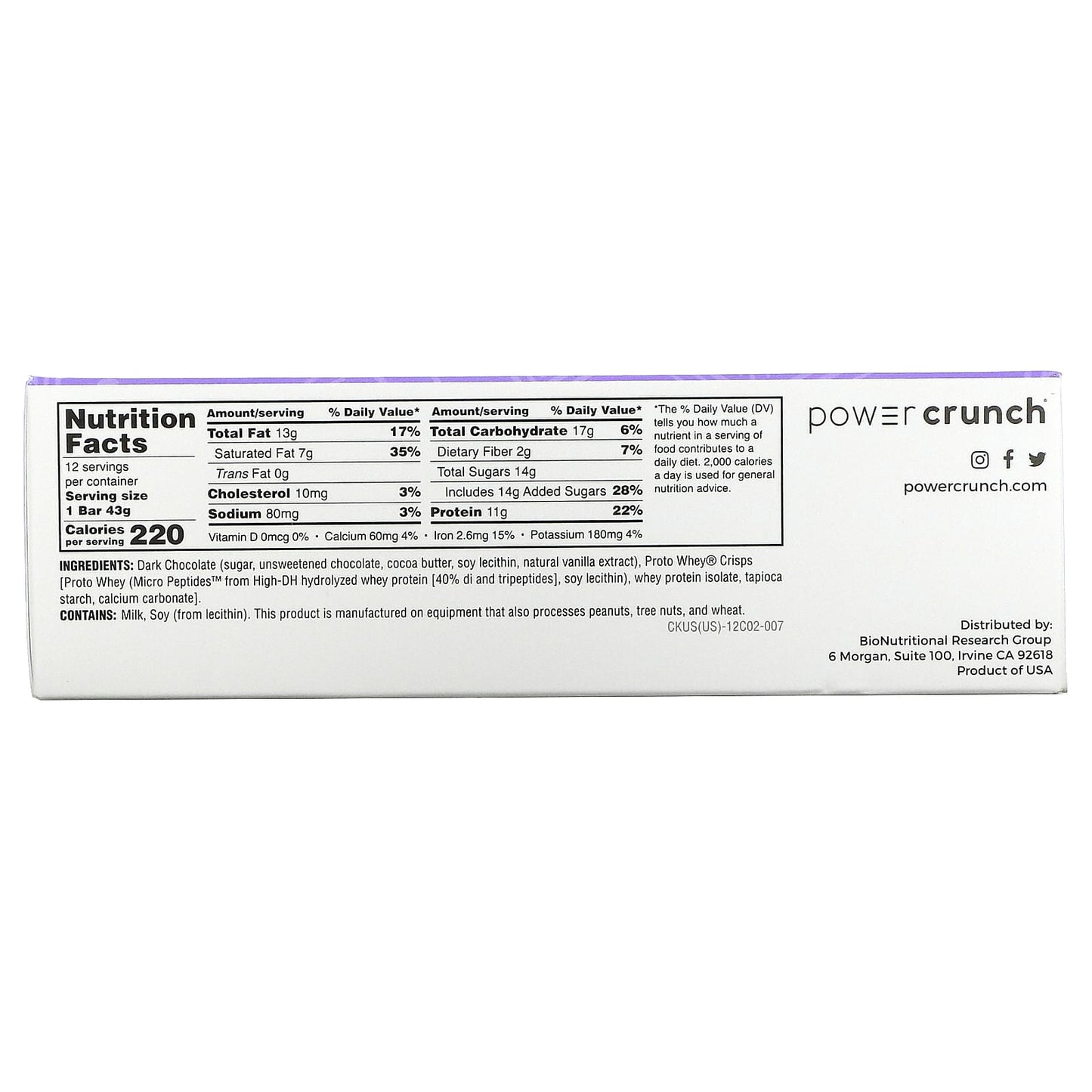 BNRG, Power Crunch Protein Crisp Bar, Choklat, Dark Chocolate, 12 Bars, 1.5 oz (43 g) Each